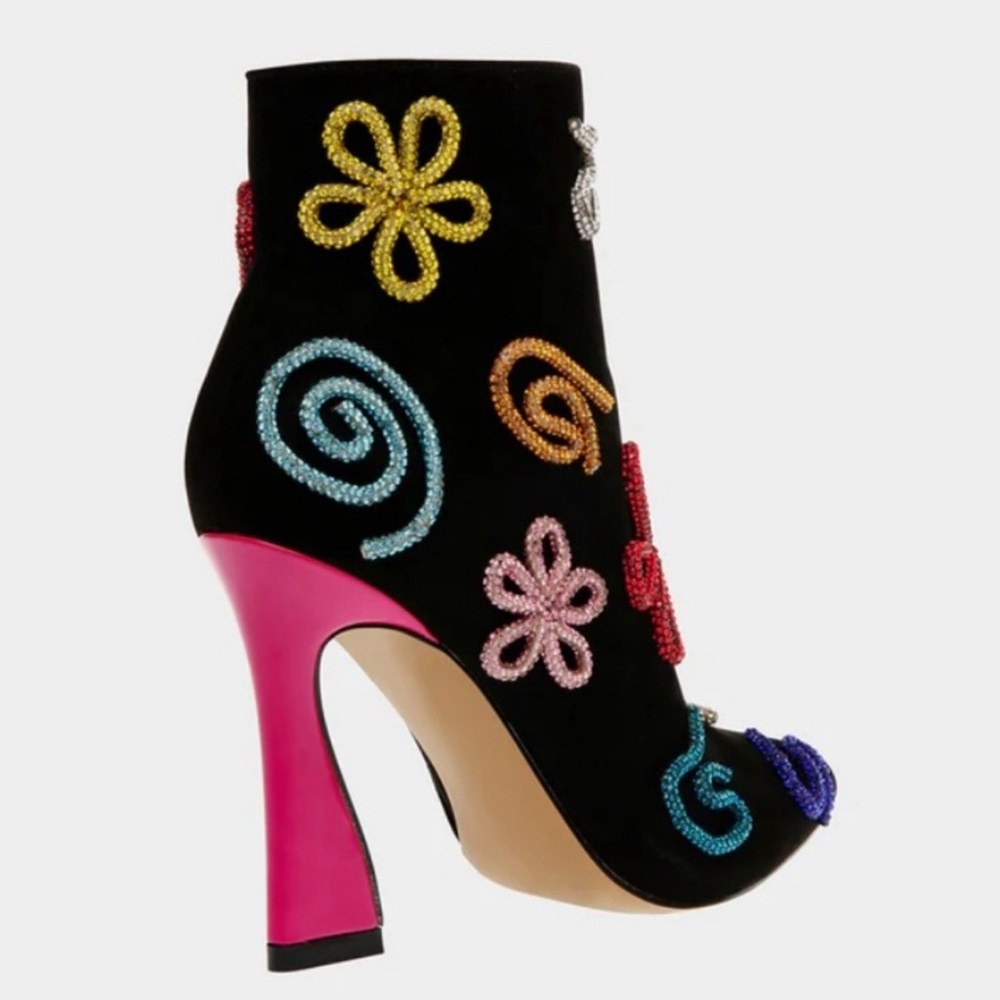 Betsey Johnson Black Heeled Boots with Colorful Embellishments - Picture 2 of 4